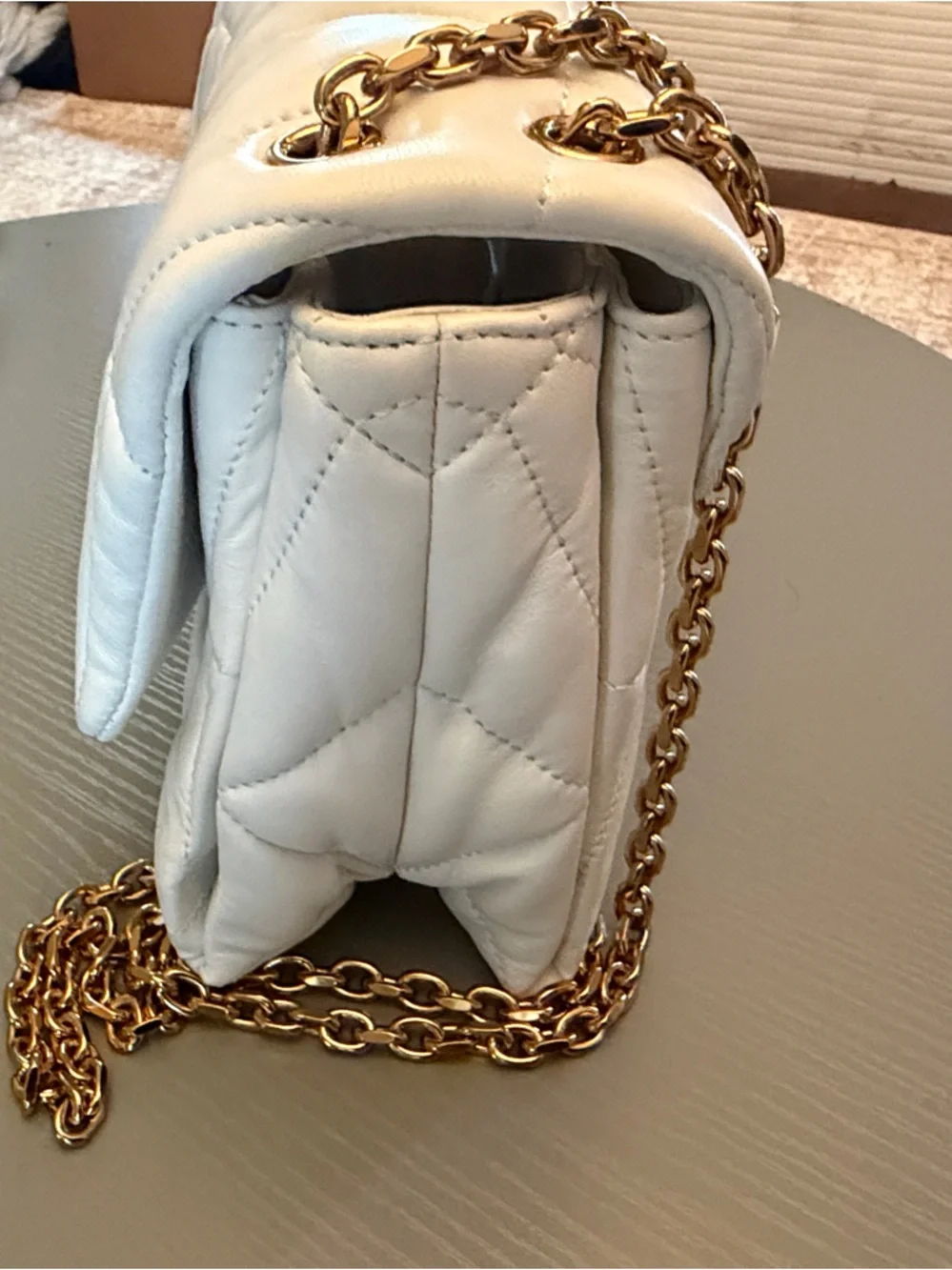 Versace White Quilted Leather Shoulder Tote with Gold Chain